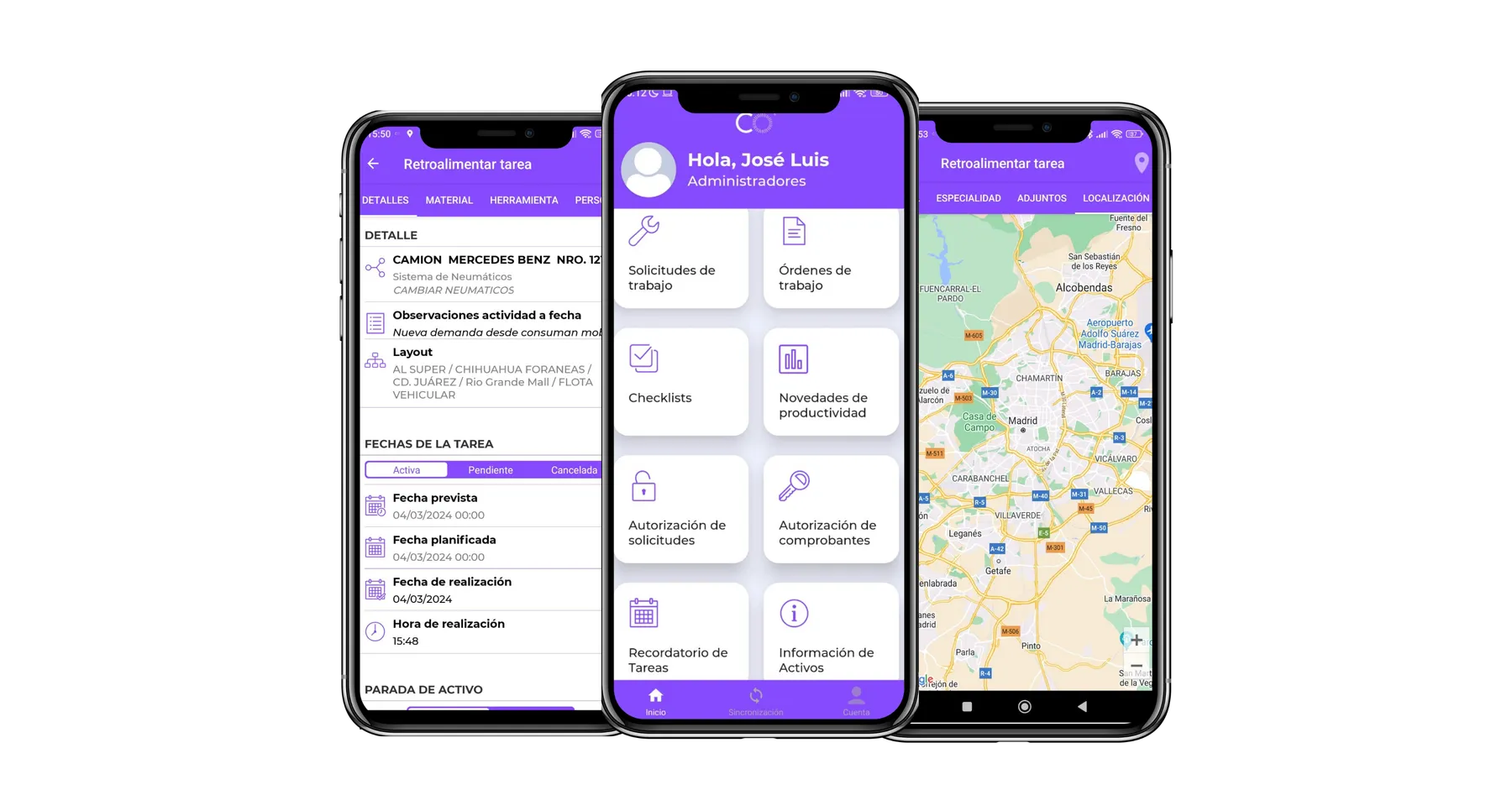 Mockups móviles de OTEX con solicitudes, órdenes de trabajo, checklist y ubicación de activos