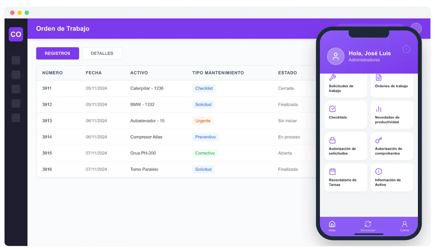 Pantallas de software CMMS con órdenes de trabajo y app móvil