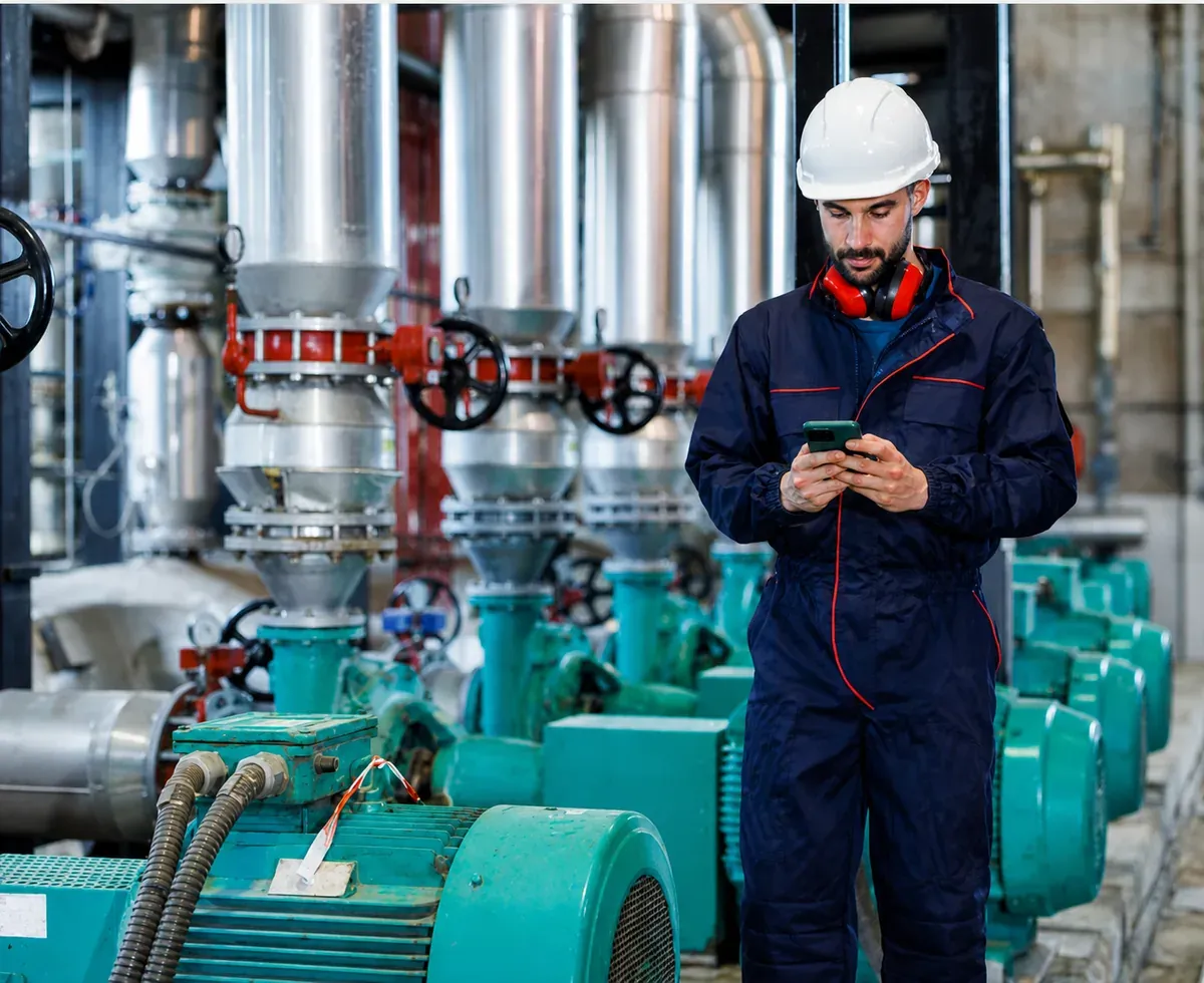 Técnico de mantenimiento usando la app móvil offline en planta