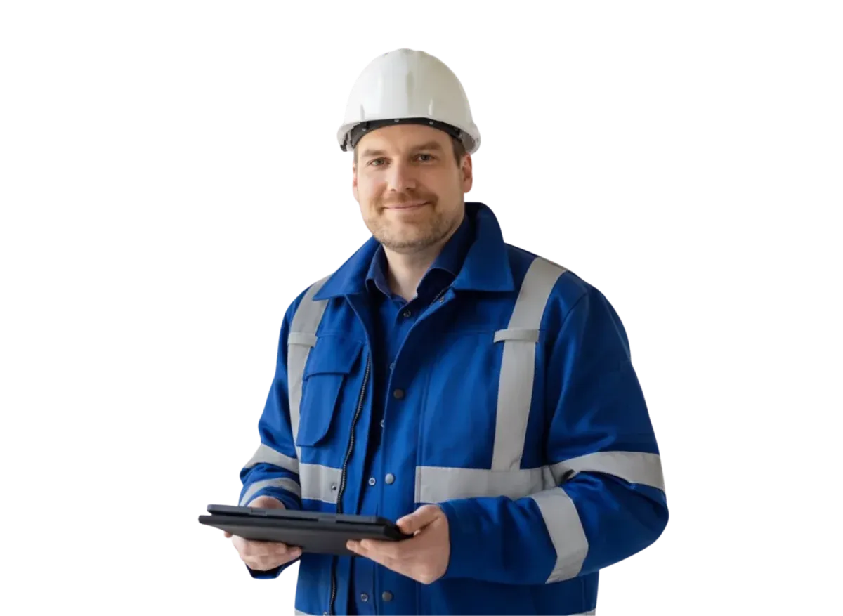 Técnico de mantenimiento con tablet usando software CMMS