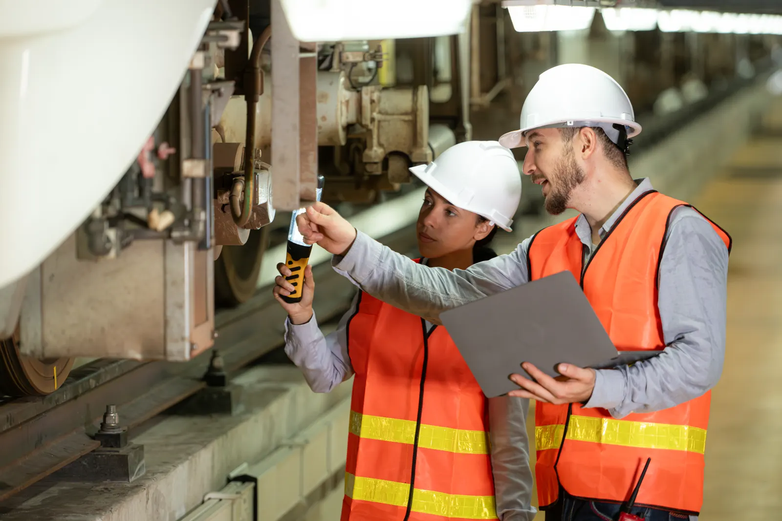 Dos técnicos de mantenimiento revisando juntos un equipo industrial con una notebook en planta