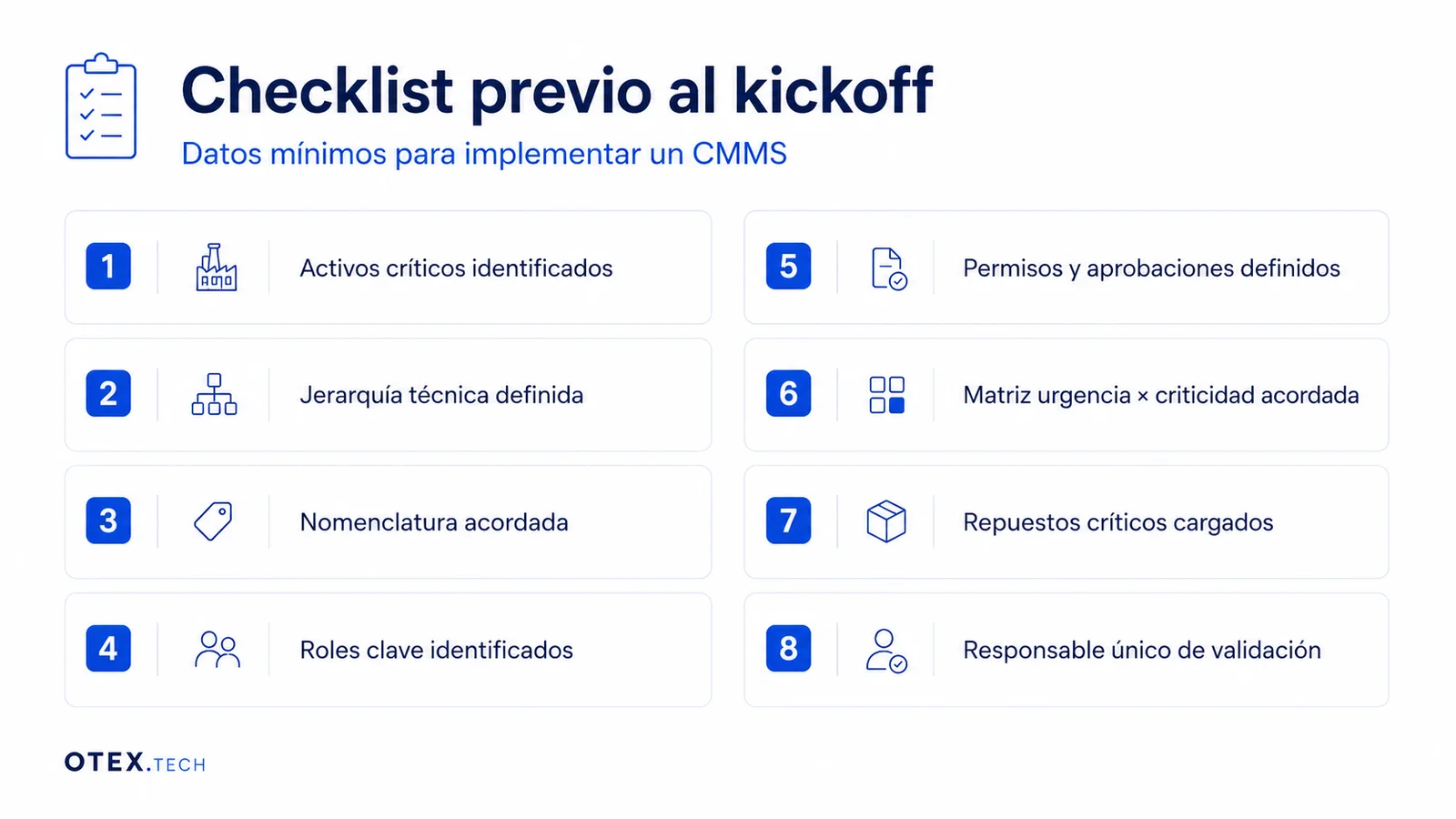 Checklist previo al kickoff con ocho puntos: activos críticos, jerarquía técnica, nomenclatura, roles clave, permisos y aprobaciones, matriz urgencia por criticidad, repuestos críticos y responsable único de validación