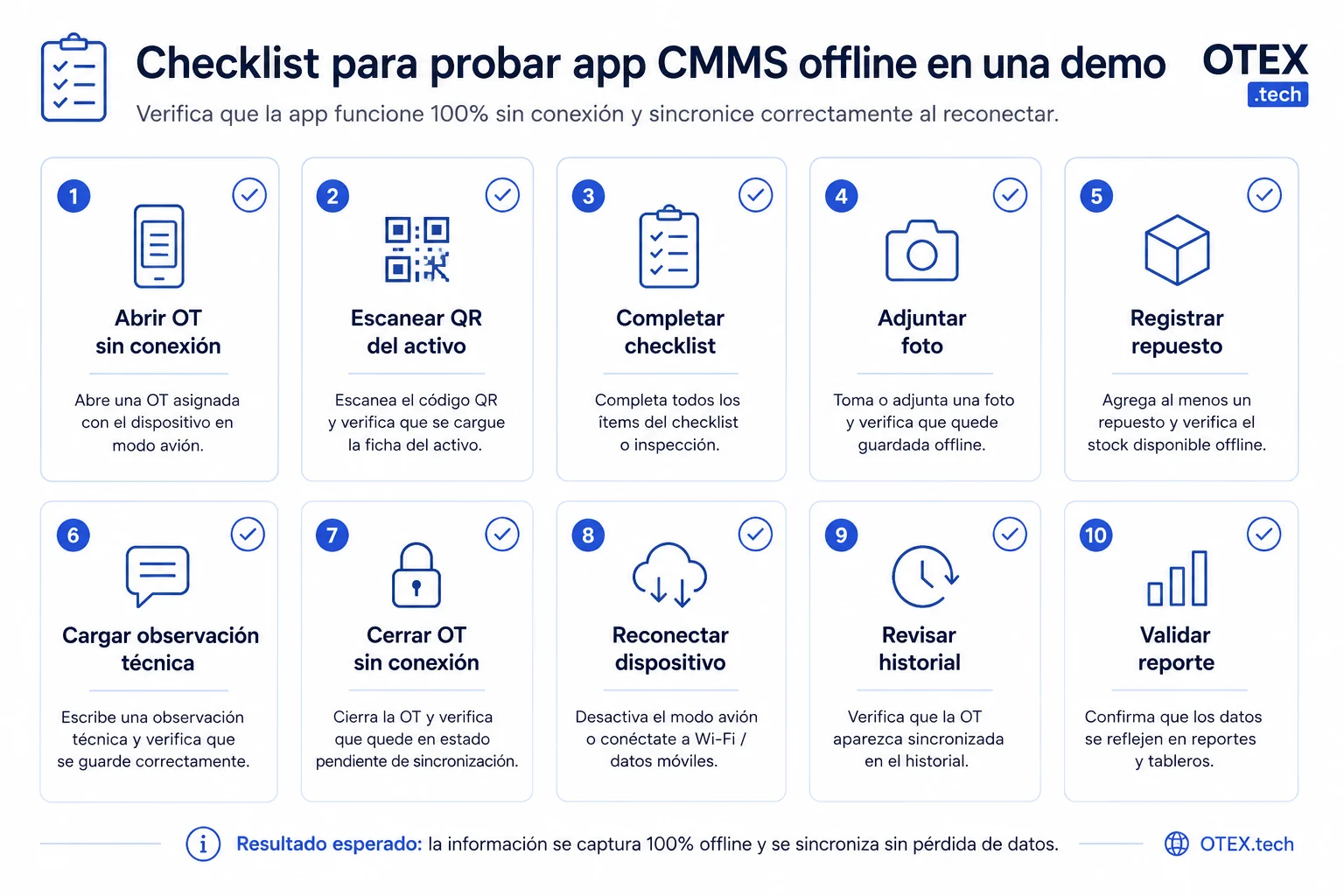 Checklist de 10 pasos para probar una app CMMS offline en una demo, desde abrir la OT sin conexión hasta validar el reporte