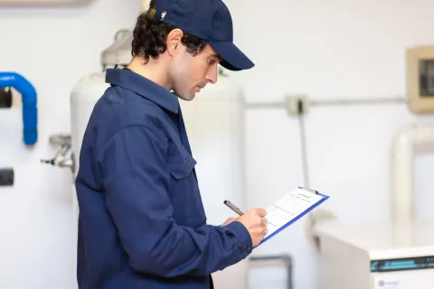 Técnico de mantenimiento revisando un calefón/caldera con una planilla de inspección en un edificio