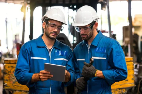 Equipo técnico revisando información de mantenimiento en una tablet dentro de planta