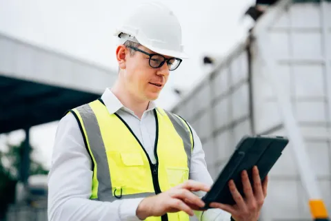 Supervisor industrial revisando indicadores de mantenimiento en una tablet