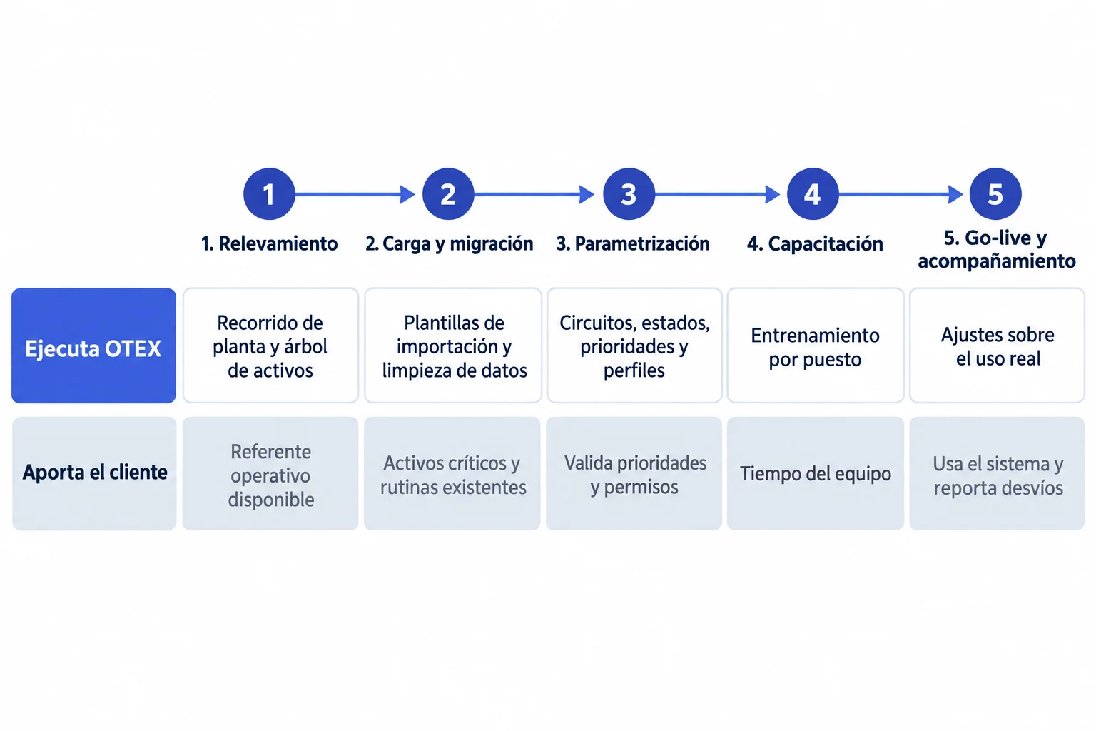 Diagrama de las cinco etapas de una implementación de OTEX —relevamiento, carga y migración, parametrización, capacitación y go-live— con el trabajo que ejecuta OTEX en el carril superior y lo que aporta el cliente en el inferior