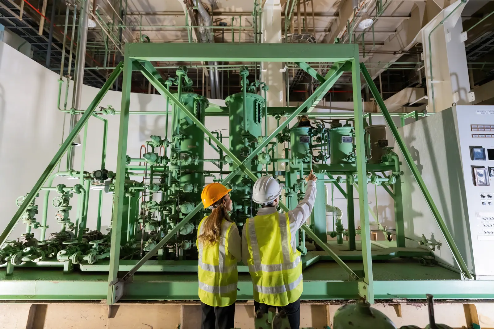 Dos ingenieros con casco y chaleco reflectante observan de espaldas un equipo de proceso con tuberías y válvulas dentro de una sala técnica, mientras uno señala un punto de la instalación