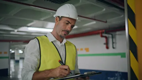 Técnico con casco y chaleco de seguridad completando un checklist de evaluación en planta