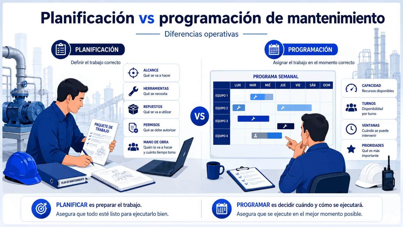Comparación entre planificación de mantenimiento como preparación del trabajo y programación como asignación de fecha y capacidad