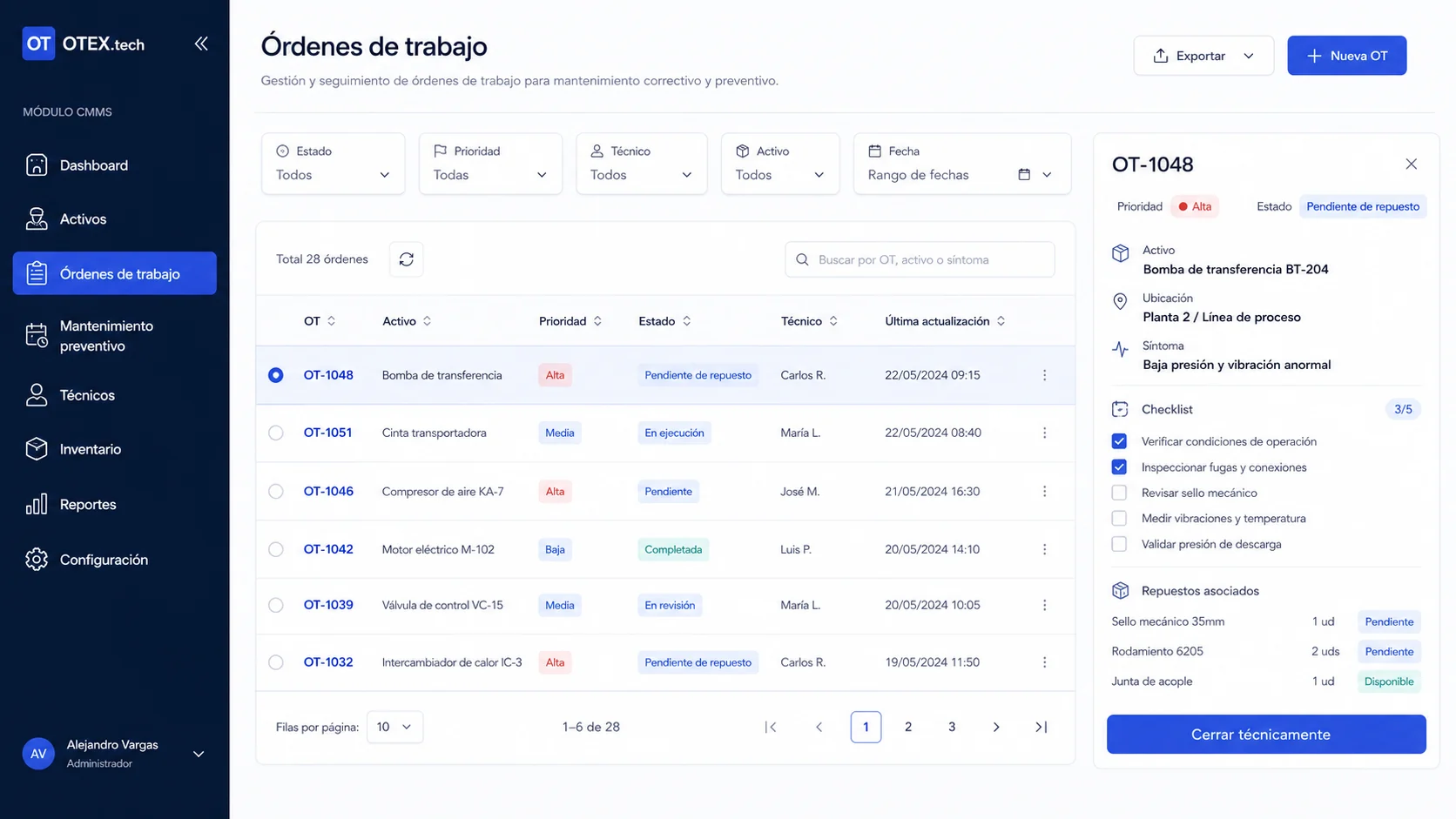 orden de trabajo digital en CMMS OTEX