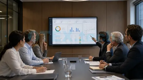 Equipo directivo revisando un tablero de software de mantenimiento industrial en sala de reuniones