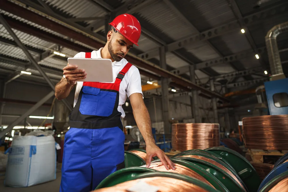Técnicos revisando una línea de manufactura en planta industrial